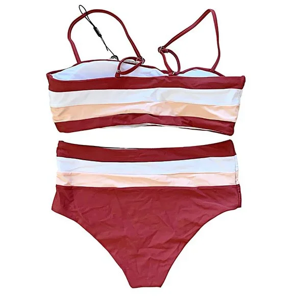 High-Waisted Colorblock Bandeau Bikini Set in Red - Picture 9 of 12